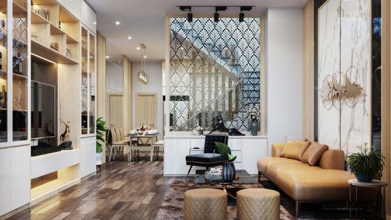 Không gian mở phòng khách và bếp được phân chia bằng vách ngăn họa tiết