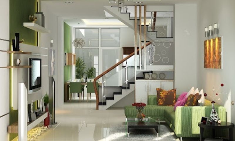 Thiết kế không gian bếp và phòng khách vách ngăn bằng cầu thang 