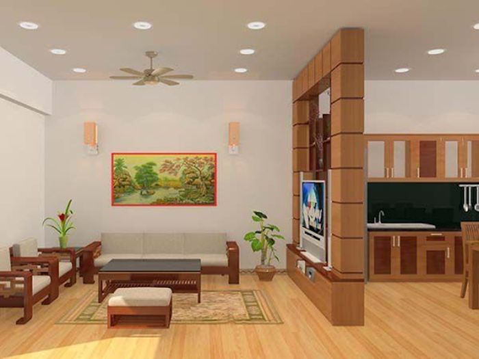 Phòng khách liền bếp dùng vách ngăn 