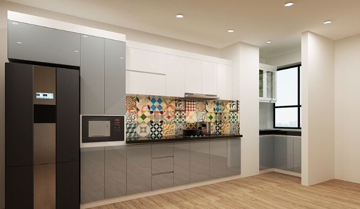 Tủ bếp acrylic màu ghi mẫu 2