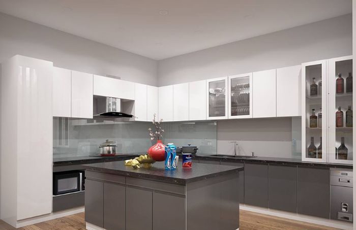 Tủ bếp acrylic màu ghi mẫu 3