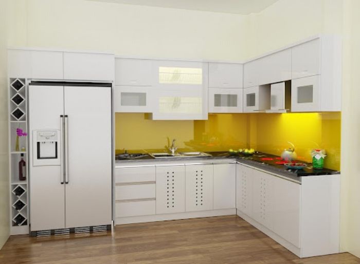 Mẫu tủ bếp hình chữ L bằng inox